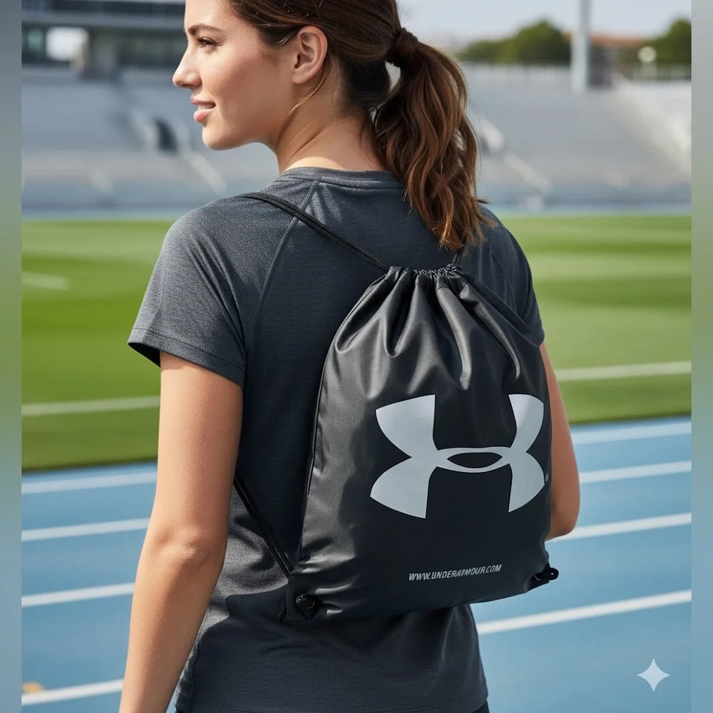 Under Armour Black Silver Logo Drawstring‎ Cinch Sack Gym Bag Backpack